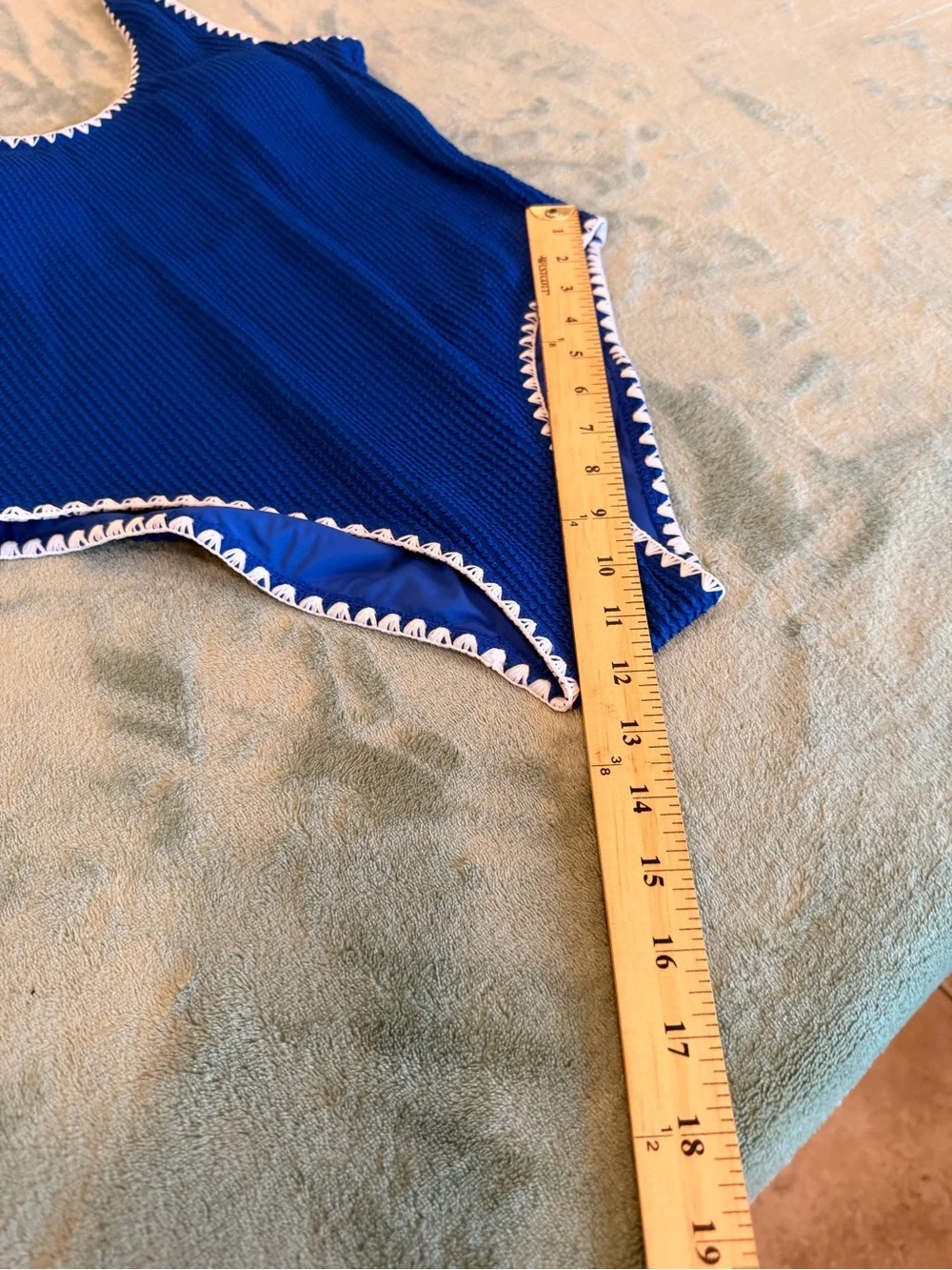 Betsey Johnson Women’s Large Blue One Piece Swimsuit White Trim Textured